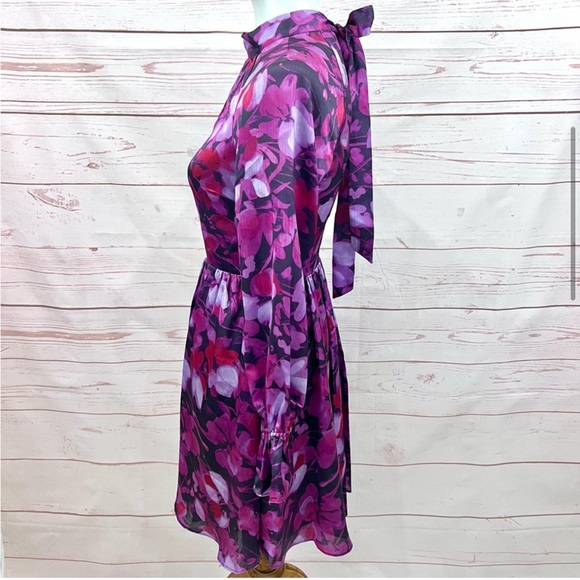 NWT Ted Baker Sammieh Purple Floral Long Sleeve High Neck Flare Mini Dress sz 0 - Picture 4 of 8